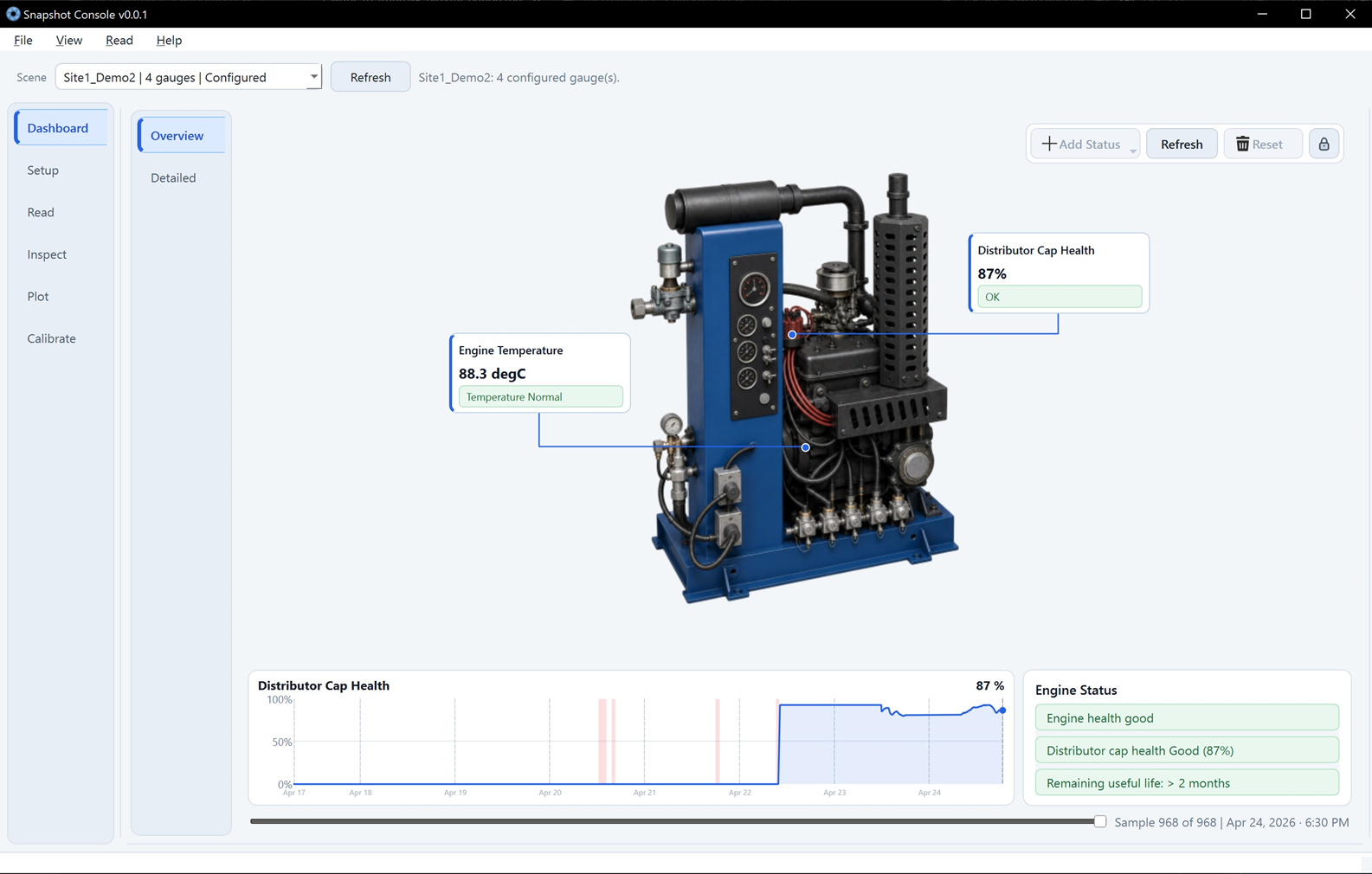 SnapShot machine-life model for a heavy-oil site engine, displaying distributor-cap health at 87 percent, engine temperature at 88.3 degrees Celsius, and a health-history chart.
