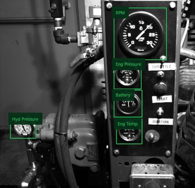 SnapShot identifies RPM, engine pressure, battery, engine temperature, and hydraulic pressure gauges on field equipment.